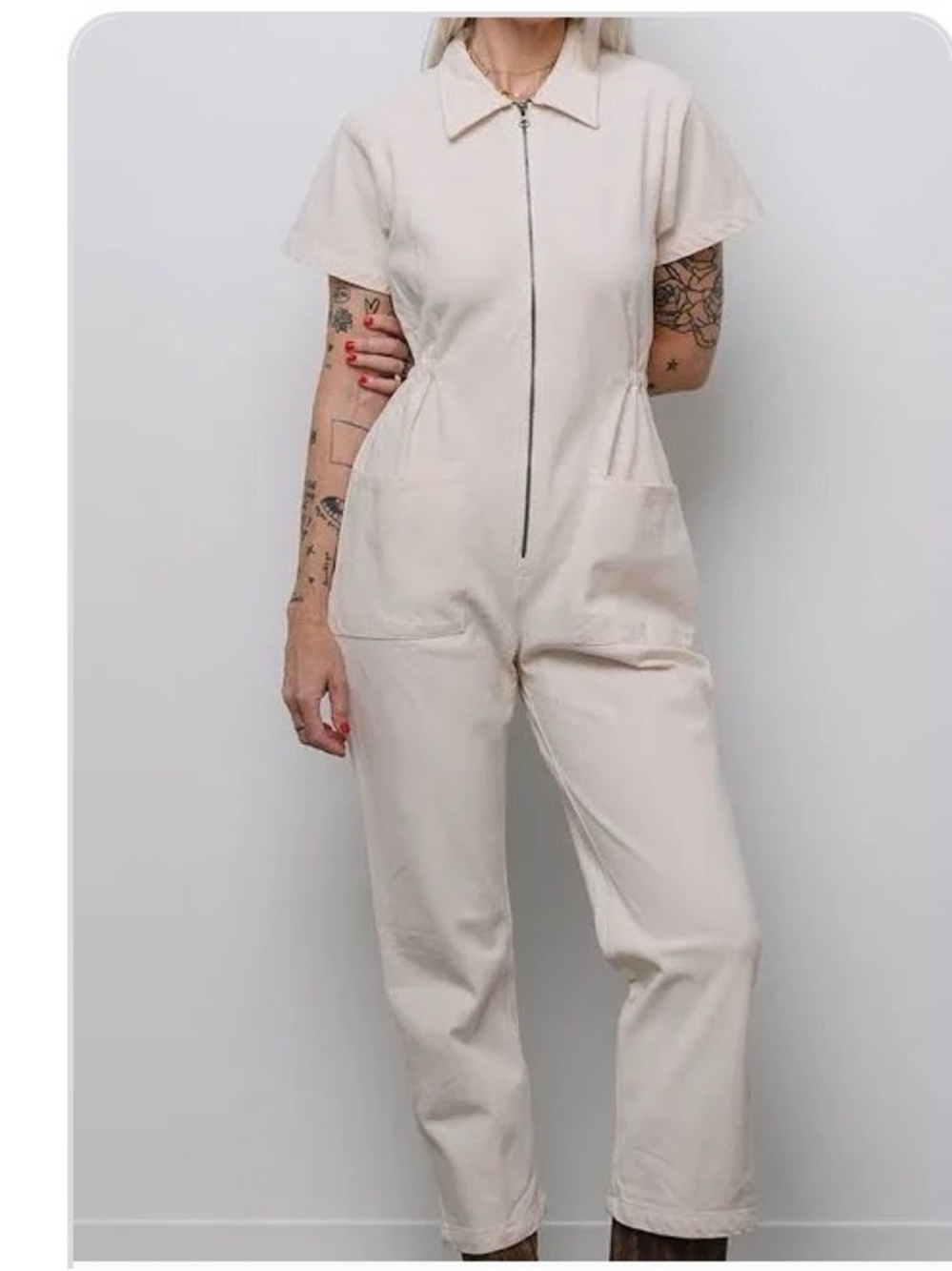 Short-Sleeve Cream Zip-Front Jumpsuit